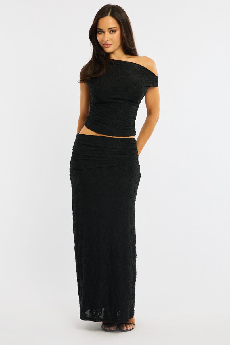 Black Maxi Skirt Textured Gathered Waist Stretch Lined for Ally Fashion