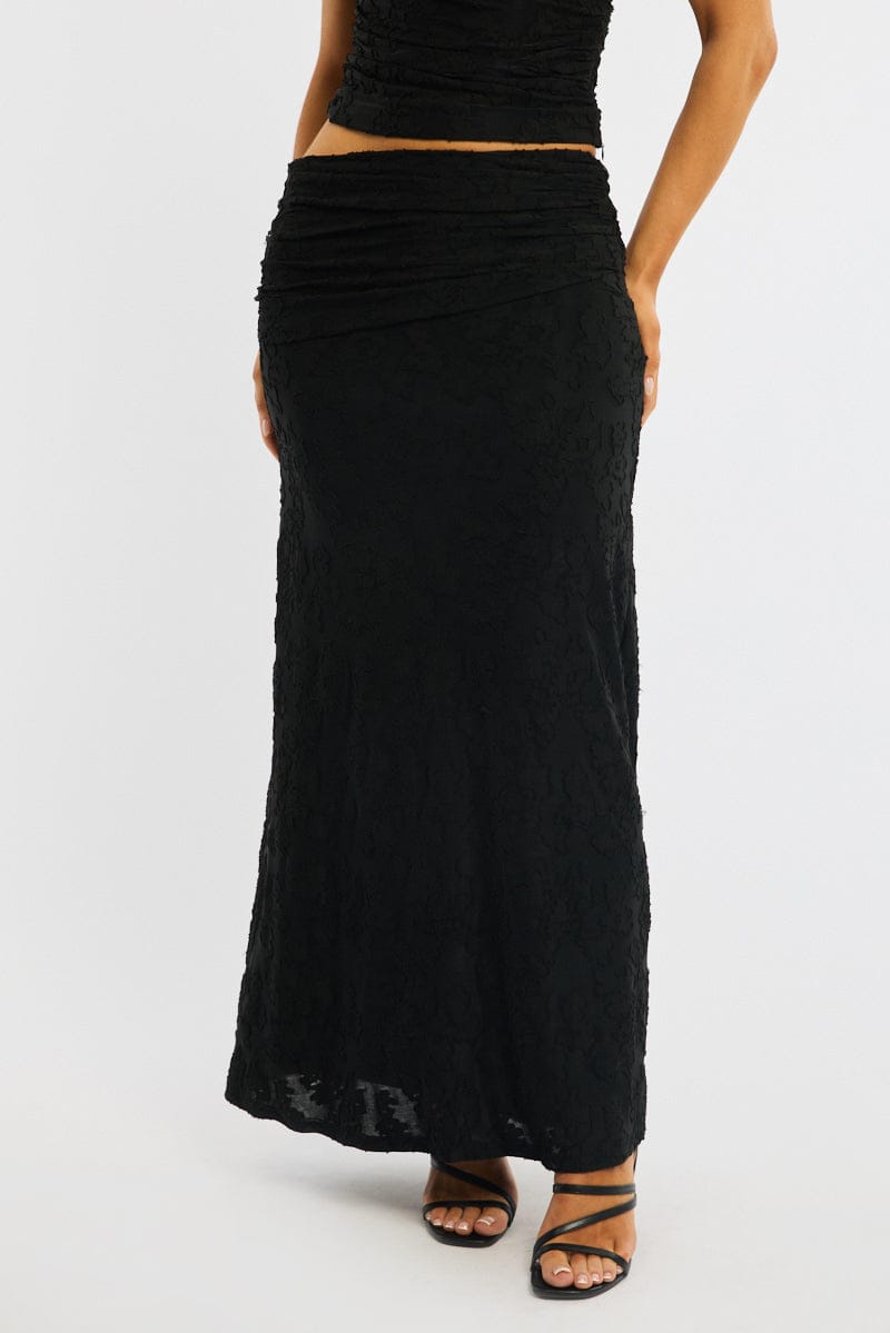 Black Maxi Skirt Textured Gathered Waist Stretch Lined for Ally Fashion
