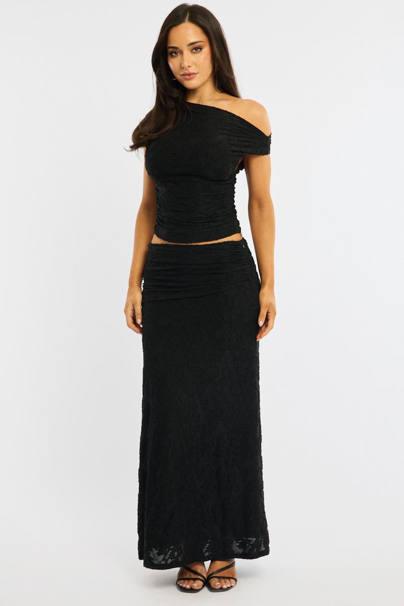 Black Maxi Skirt Textured Gathered Waist Stretch Lined for Ally Fashion