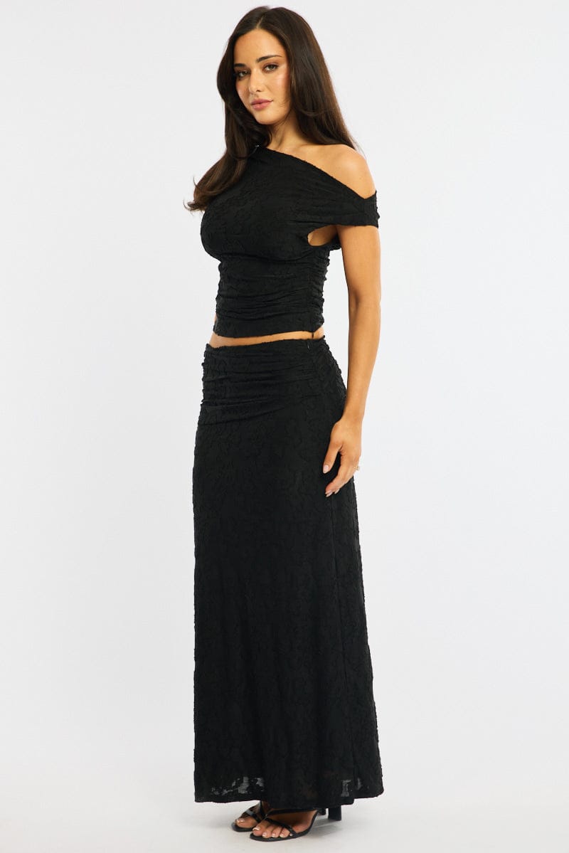 Black Maxi Skirt Textured Gathered Waist Stretch Lined for Ally Fashion