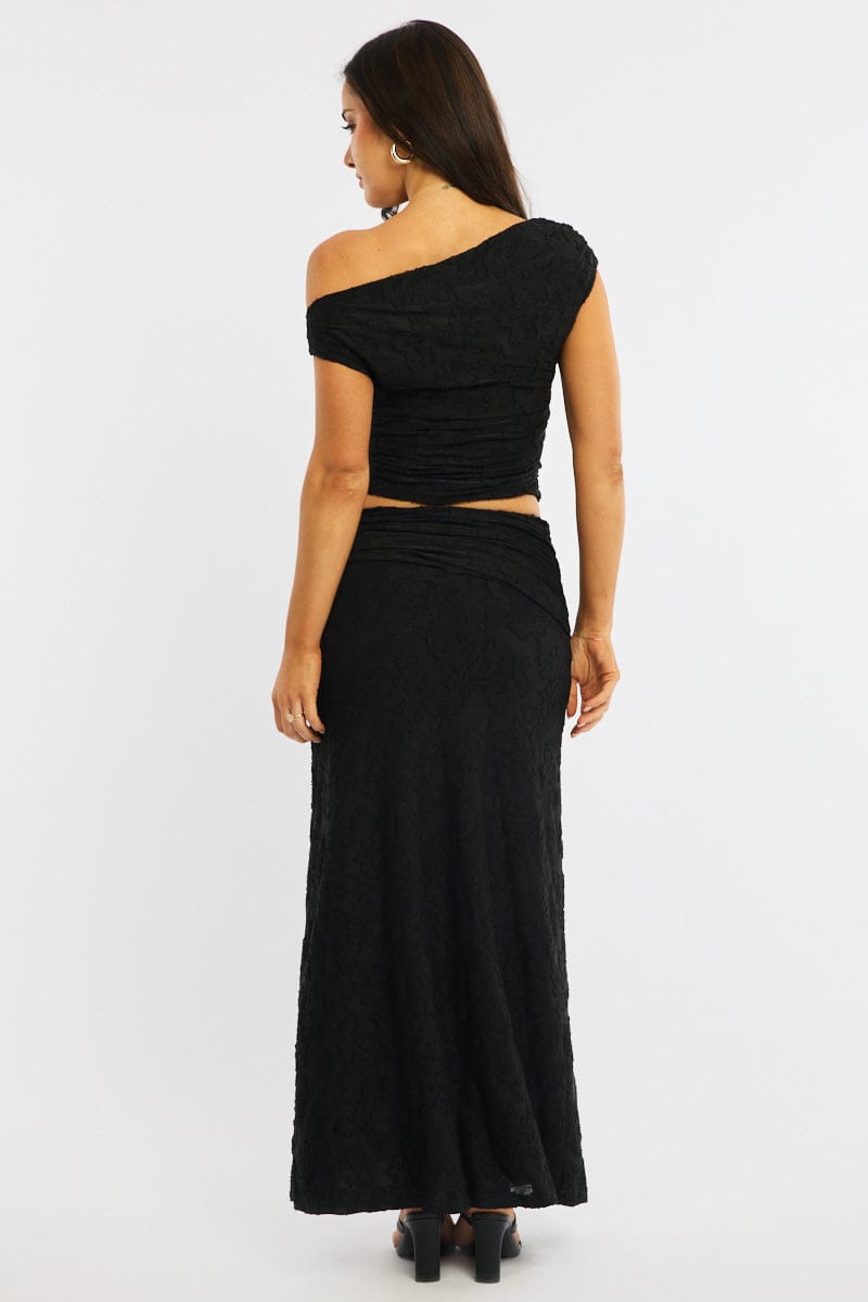 Black Maxi Skirt Textured Gathered Waist Stretch Lined for Ally Fashion
