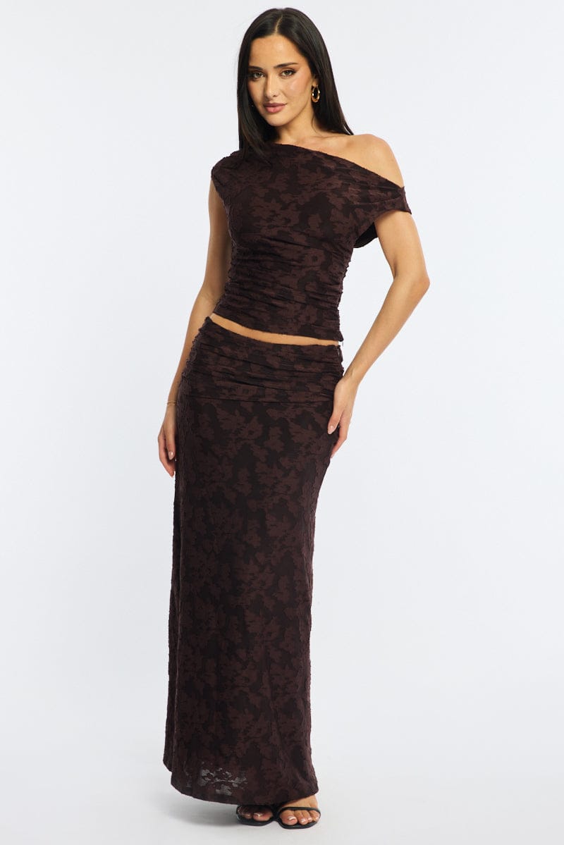 Brown Maxi Skirt Textured Gathered Waist Stretch Lined for Ally Fashion