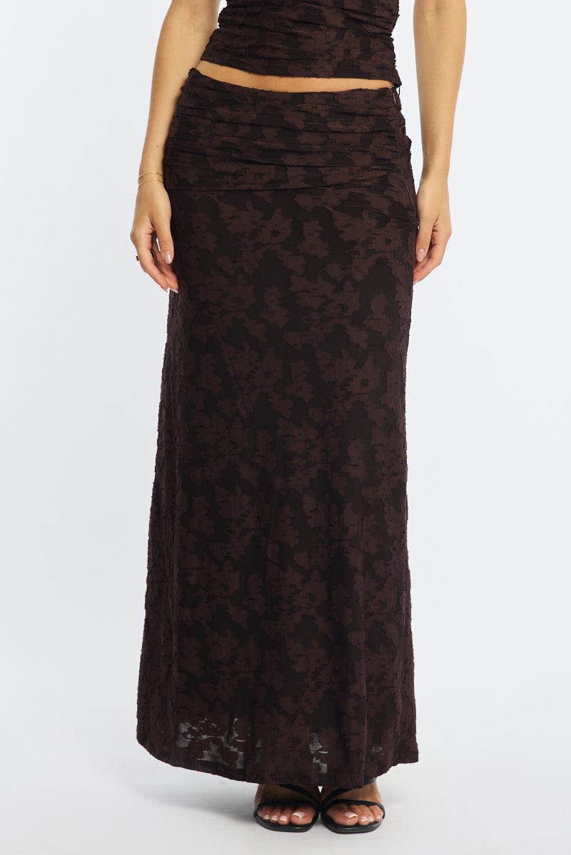 Brown Maxi Skirt Textured Gathered Waist Stretch Lined for Ally Fashion