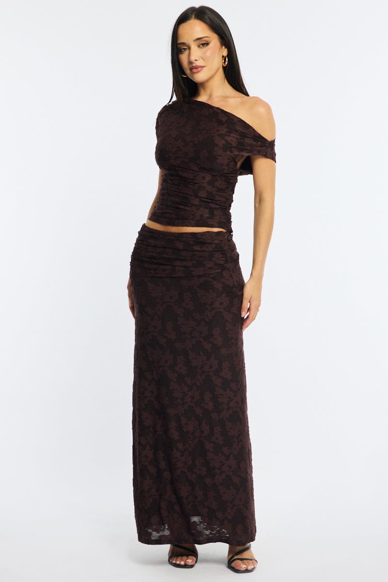 Brown Maxi Skirt Textured Gathered Waist Stretch Lined for Ally Fashion