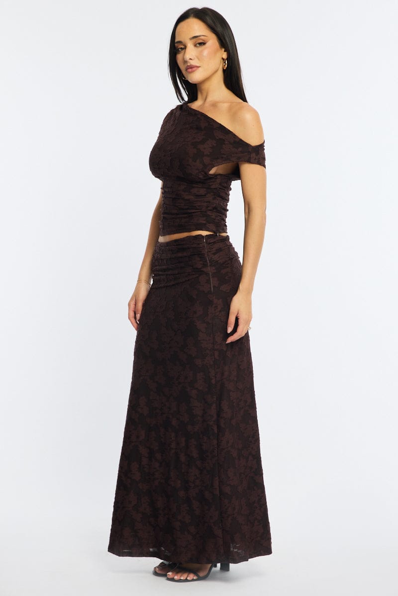 Brown Maxi Skirt Textured Gathered Waist Stretch Lined for Ally Fashion