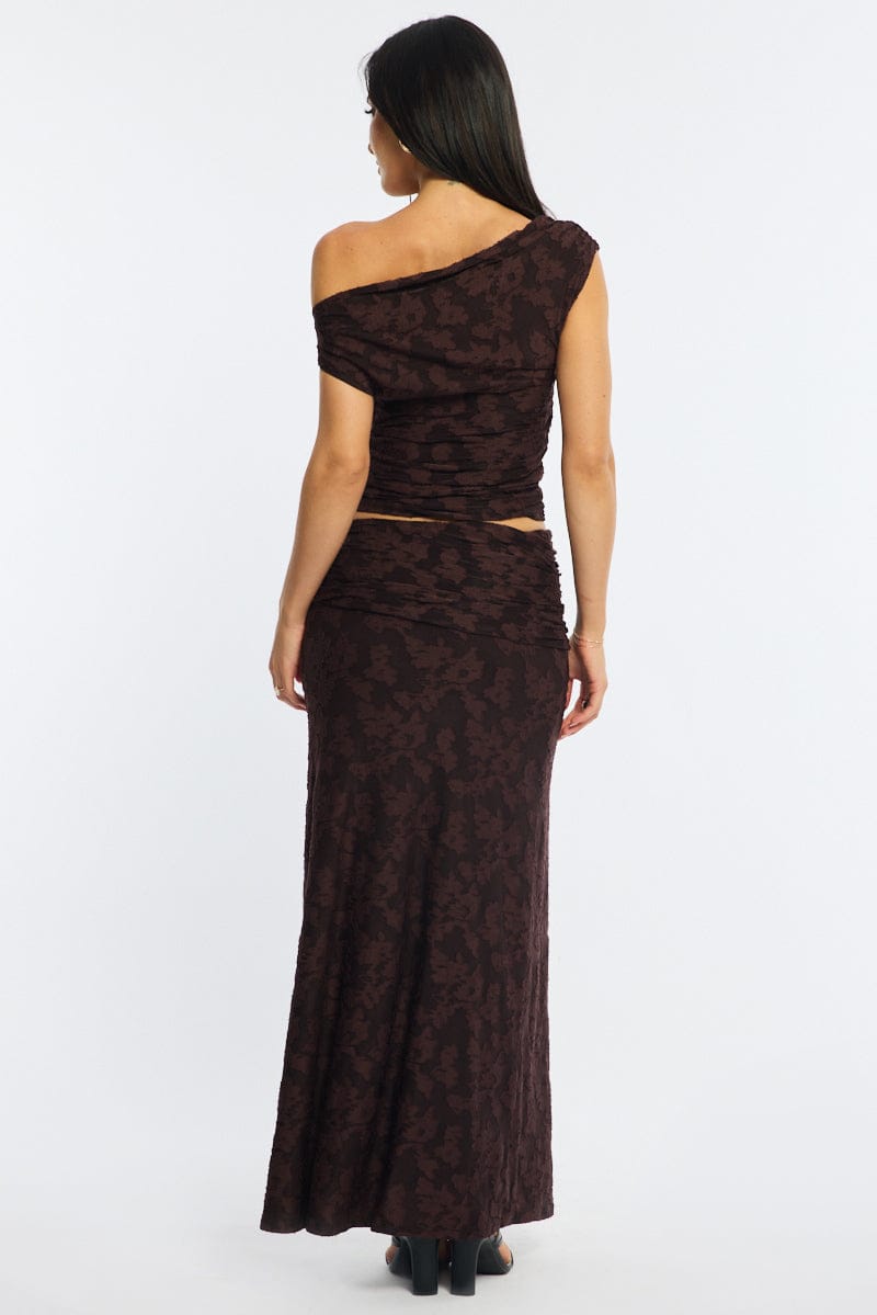 Brown Maxi Skirt Textured Gathered Waist Stretch Lined for Ally Fashion