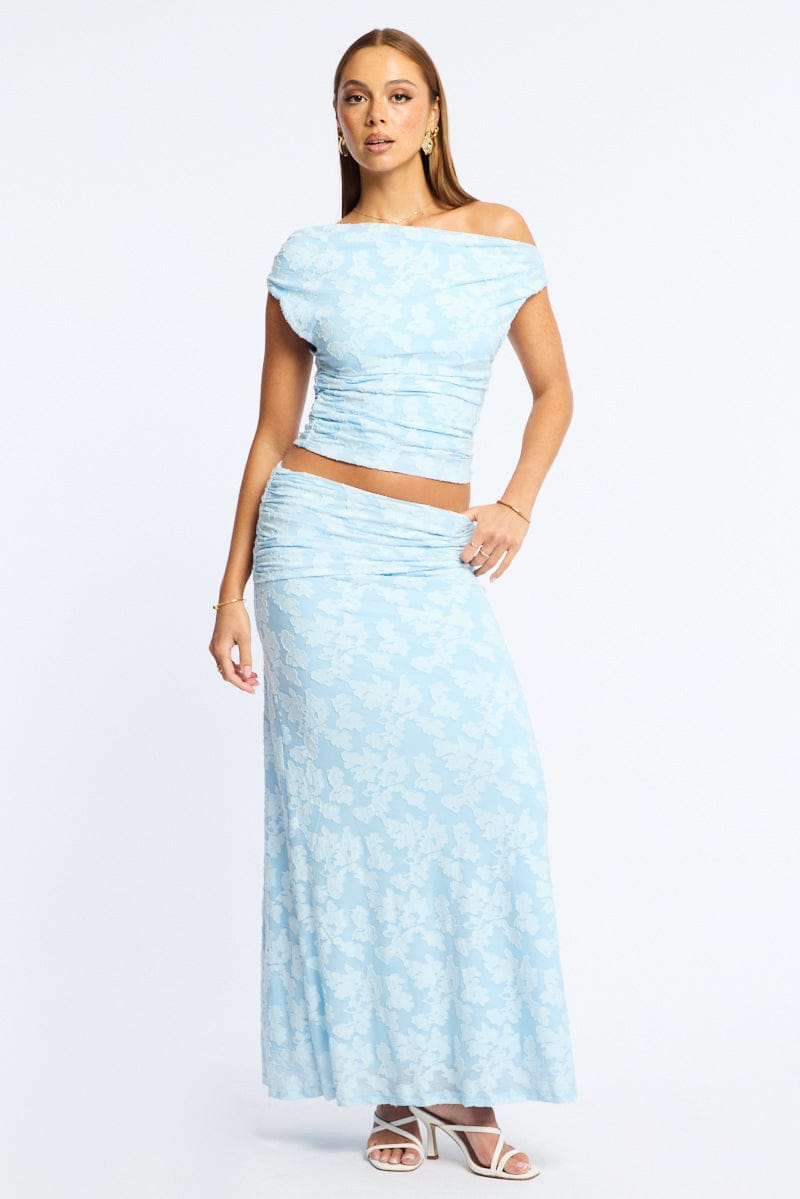 Blue Maxi Skirt Textured Gathered Waist Stretch Lined for Ally Fashion