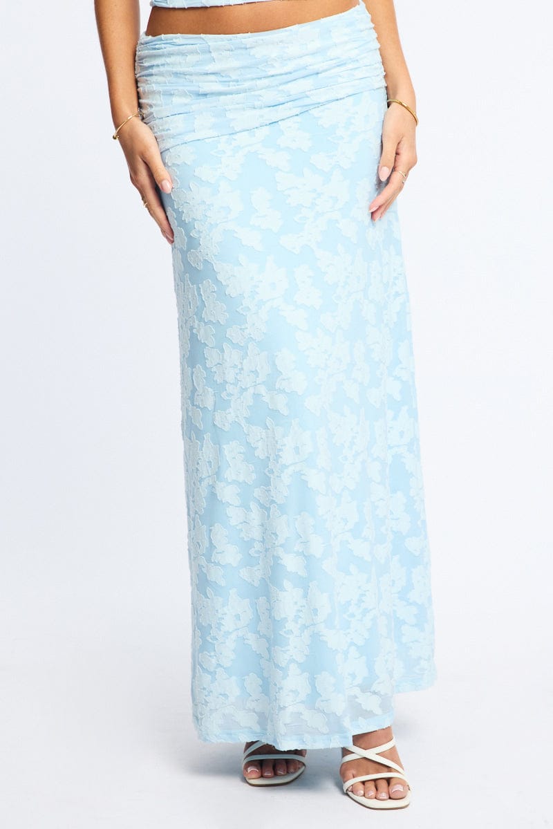 Blue Maxi Skirt Textured Gathered Waist Stretch Lined for Ally Fashion