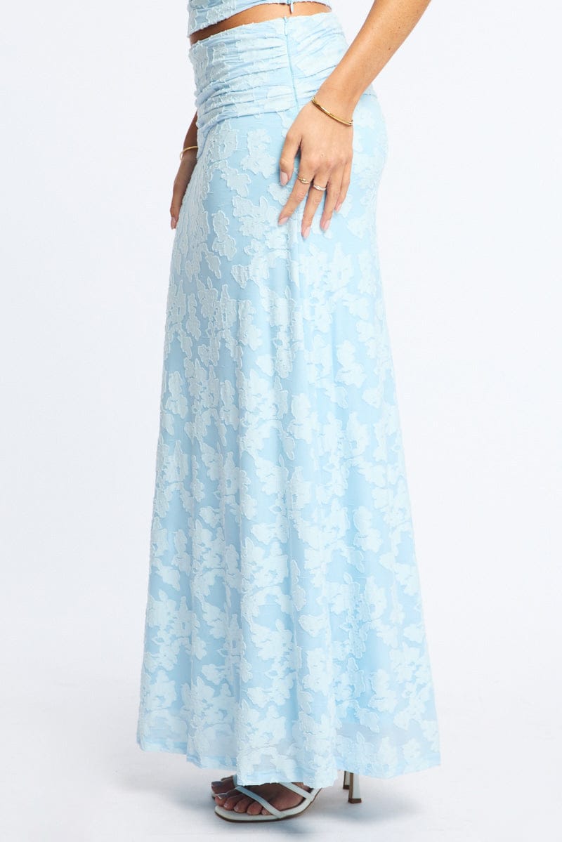 Blue Maxi Skirt Textured Gathered Waist Stretch Lined for Ally Fashion