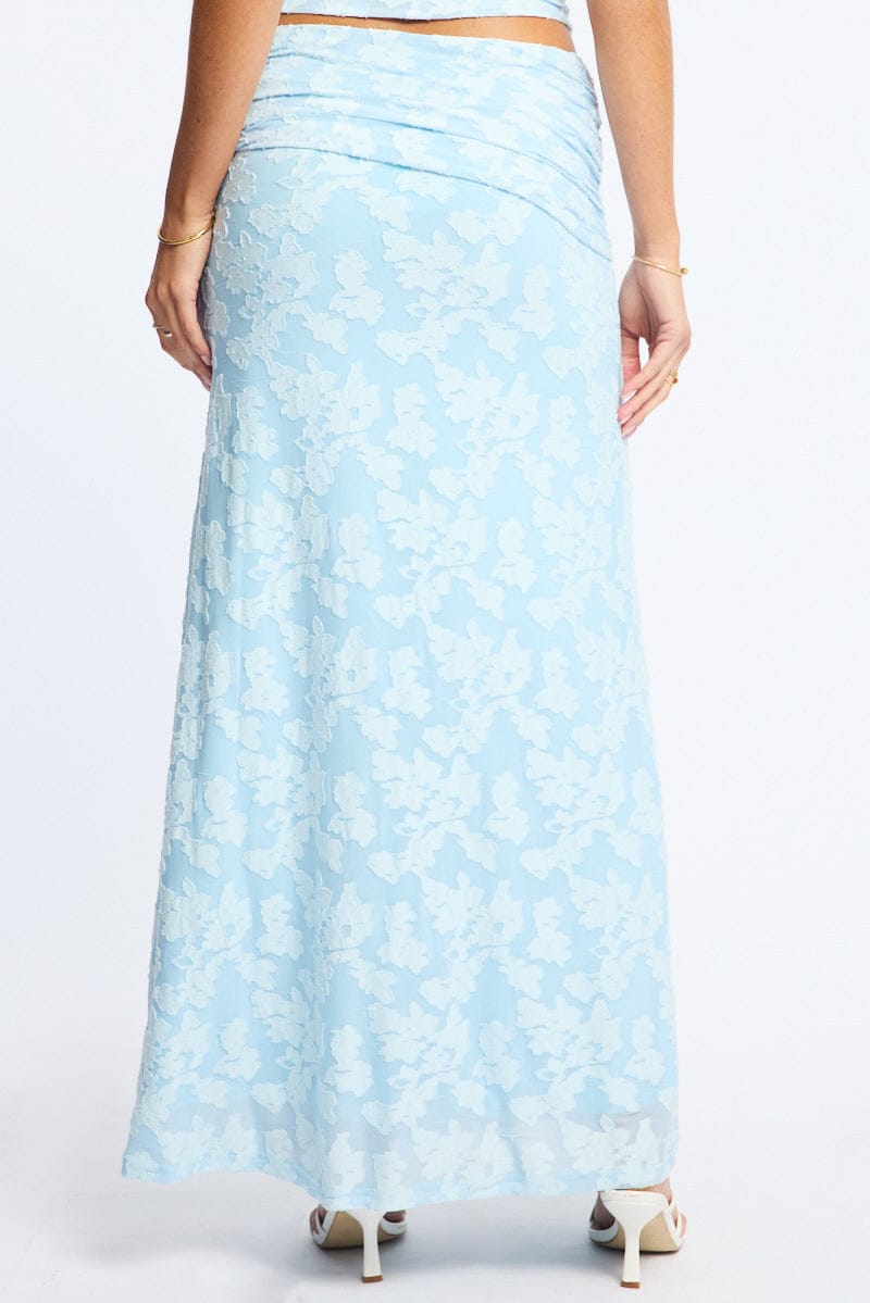 Blue Maxi Skirt Textured Gathered Waist Stretch Lined for Ally Fashion