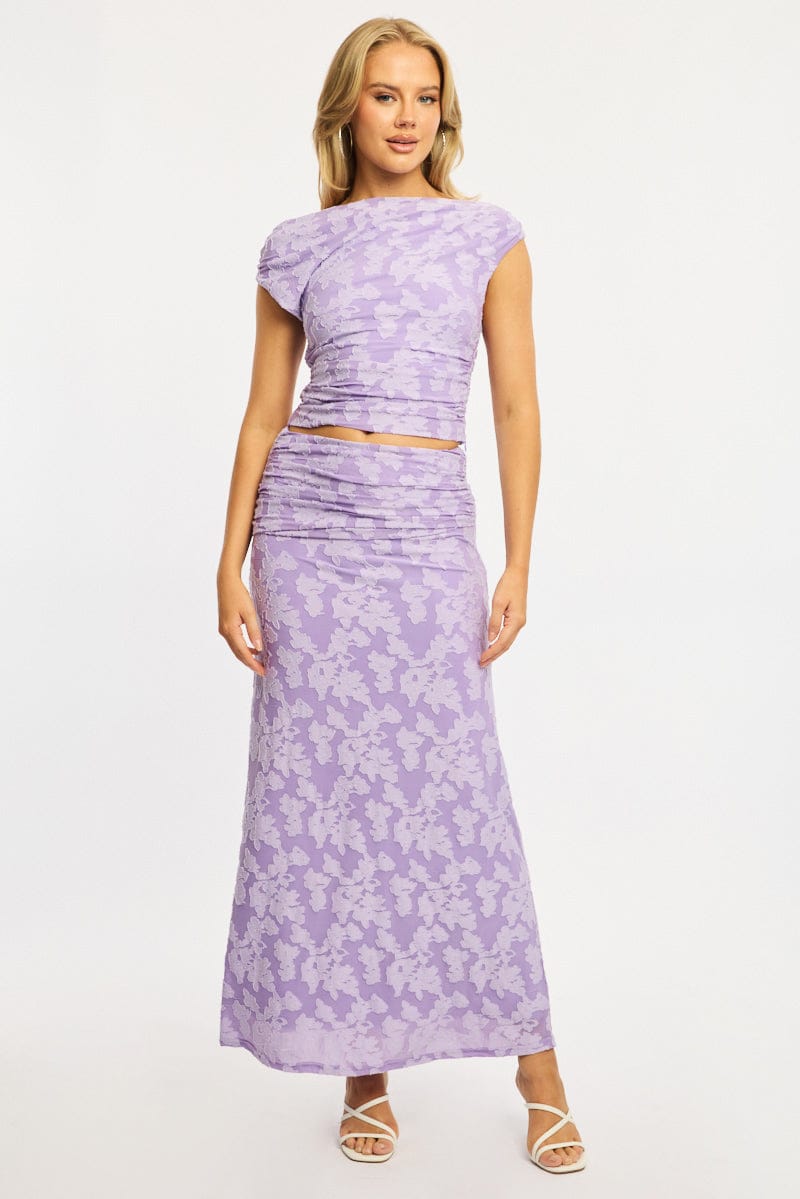 Purple Maxi Skirt Textured Gathered Waist Stretch Lined for Ally Fashion