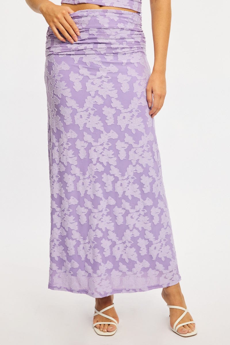Purple Maxi Skirt Textured Gathered Waist Stretch Lined for Ally Fashion