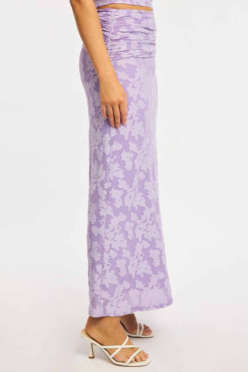Purple Maxi Skirt Textured Gathered Waist Stretch Lined for Ally Fashion