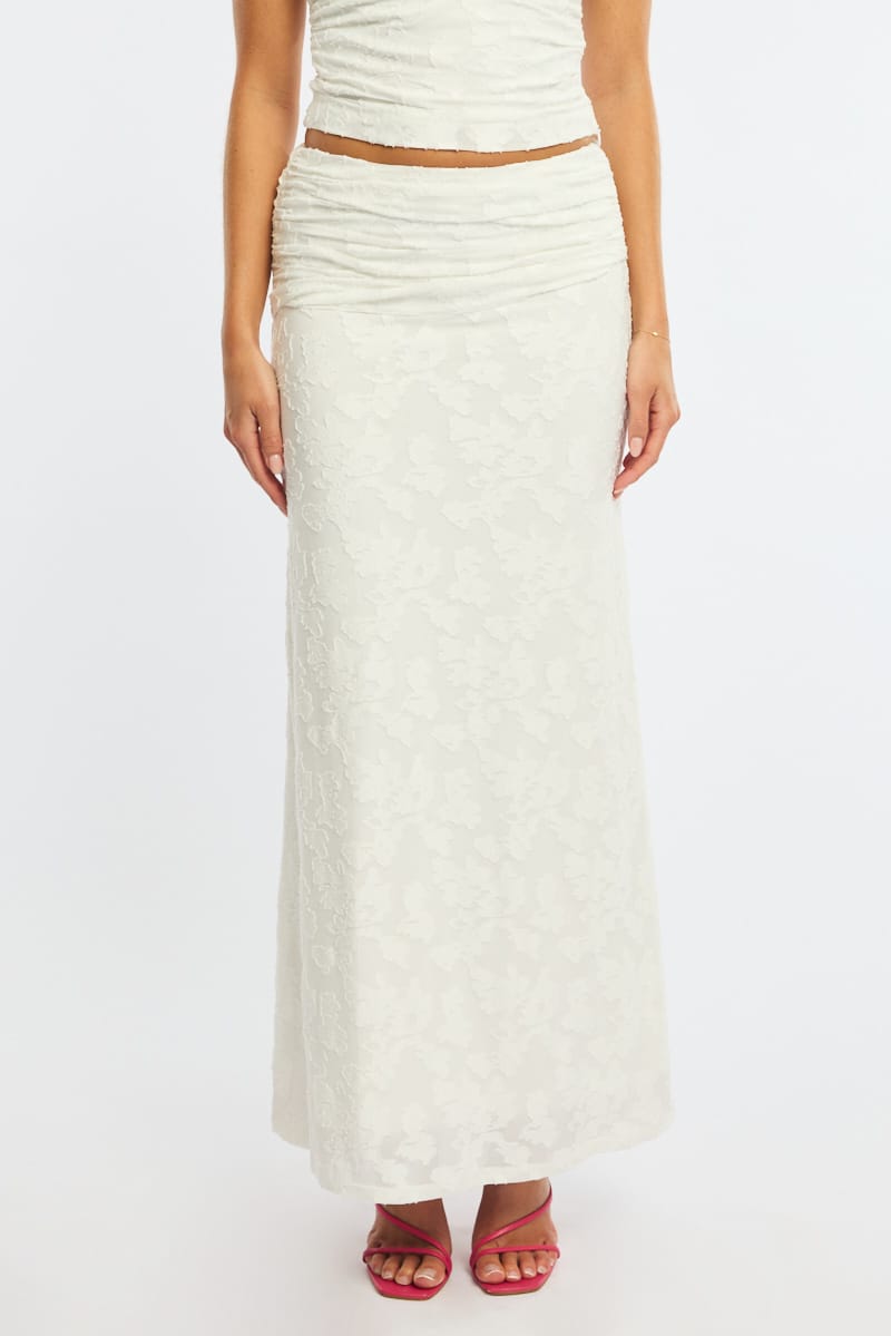 White Maxi Skirt Textured Gathered Waist Stretch Lined for Ally Fashion
