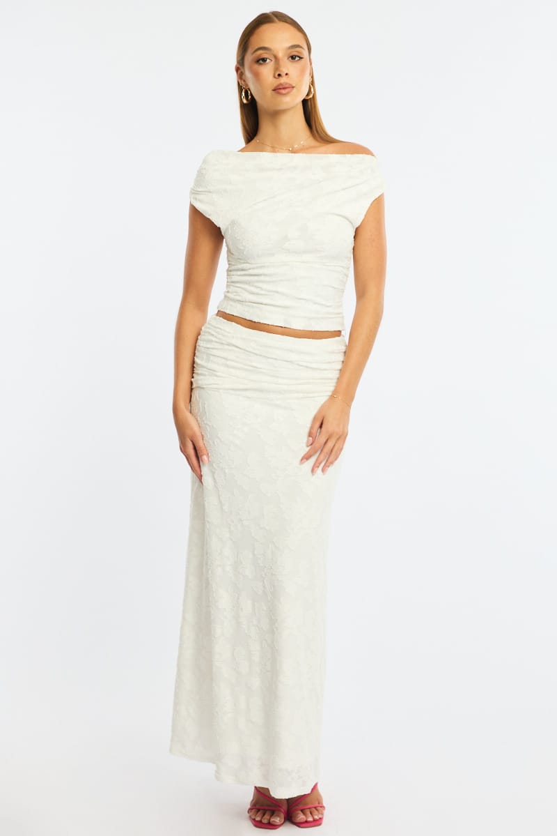 White Maxi Skirt Textured Gathered Waist Stretch Lined for Ally Fashion