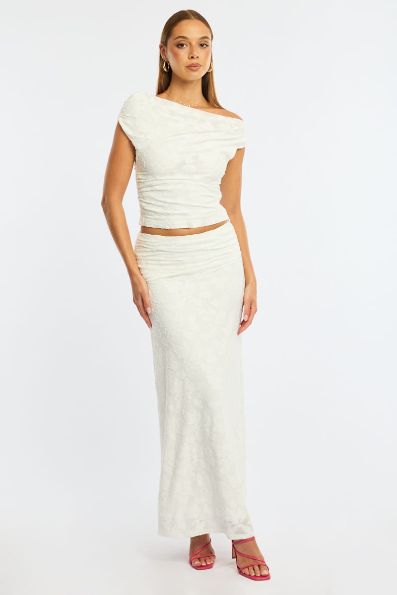 White Maxi Skirt Textured Gathered Waist Stretch Lined for Ally Fashion
