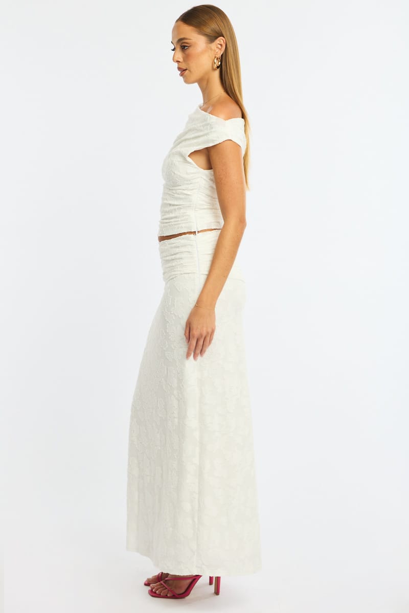 White Maxi Skirt Textured Gathered Waist Stretch Lined for Ally Fashion