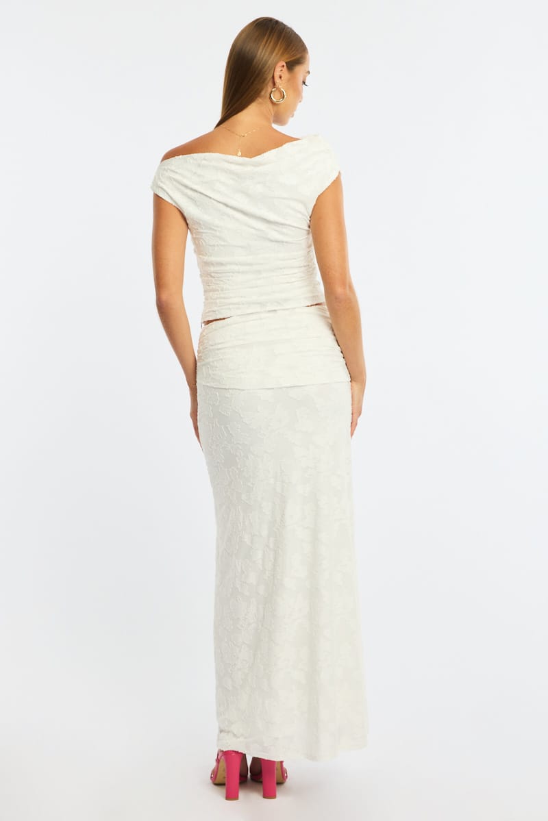 White Maxi Skirt Textured Gathered Waist Stretch Lined for Ally Fashion