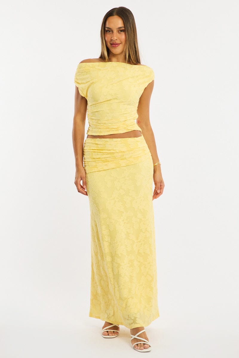 Yellow Maxi Skirt Textured Gathered Waist Stretch Lined for Ally Fashion