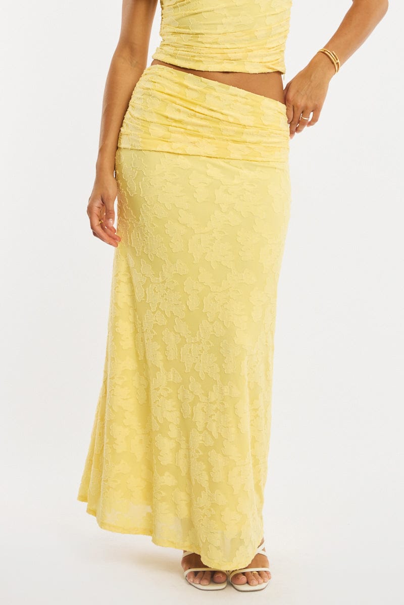 Yellow Maxi Skirt Textured Gathered Waist Stretch Lined for Ally Fashion