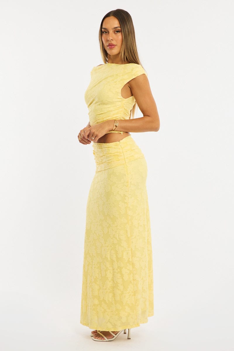 Yellow Maxi Skirt Textured Gathered Waist Stretch Lined for Ally Fashion