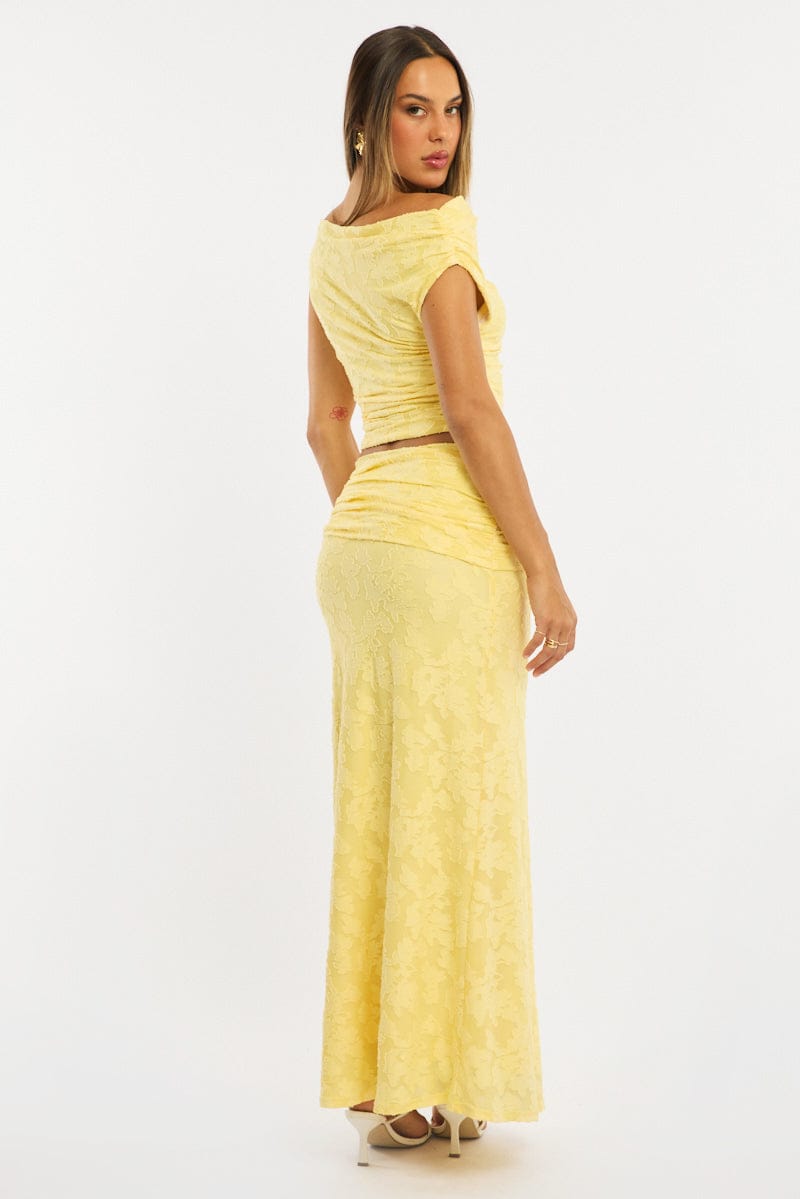 Yellow Maxi Skirt Textured Gathered Waist Stretch Lined for Ally Fashion