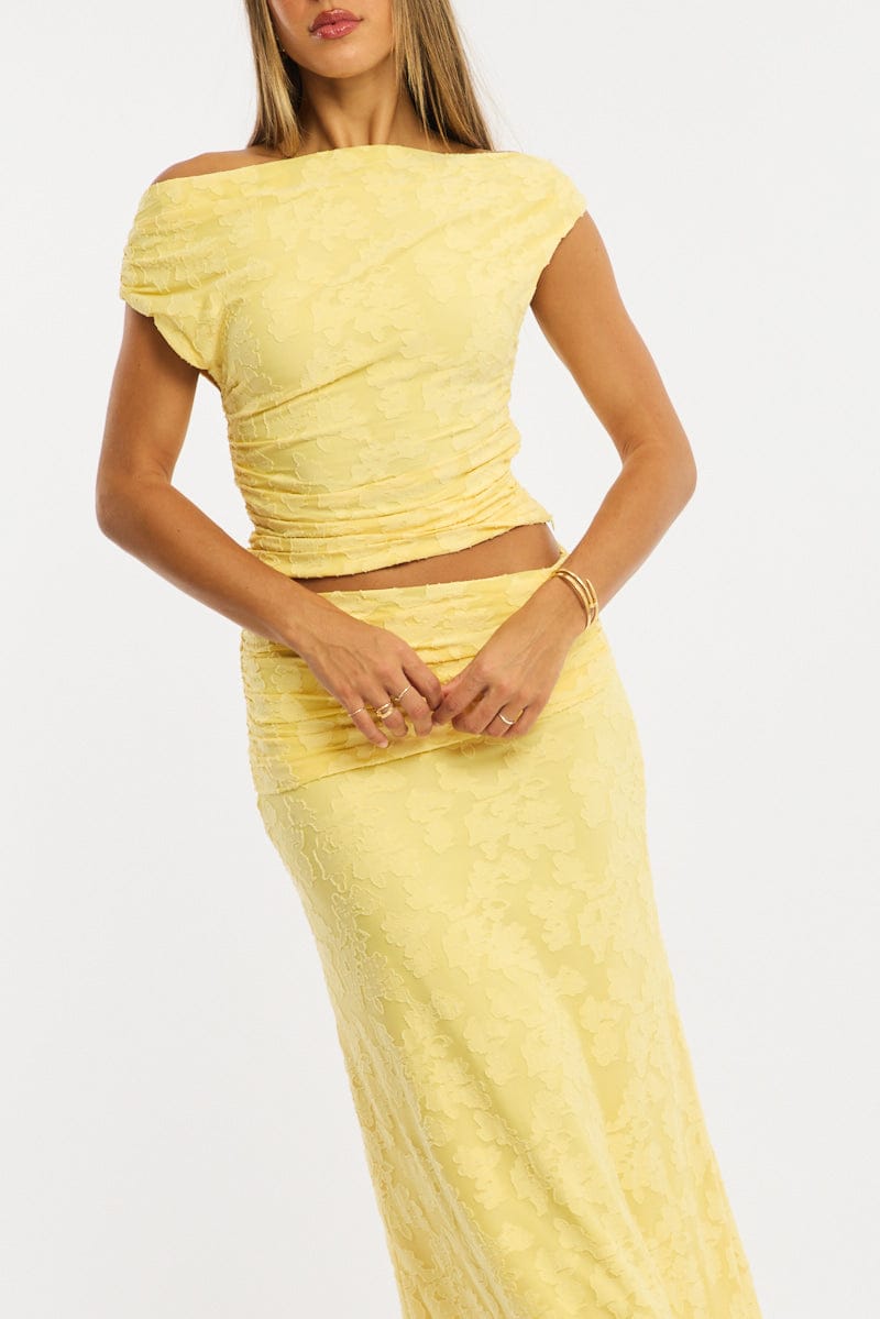 Yellow Maxi Skirt Textured Gathered Waist Stretch Lined for Ally Fashion
