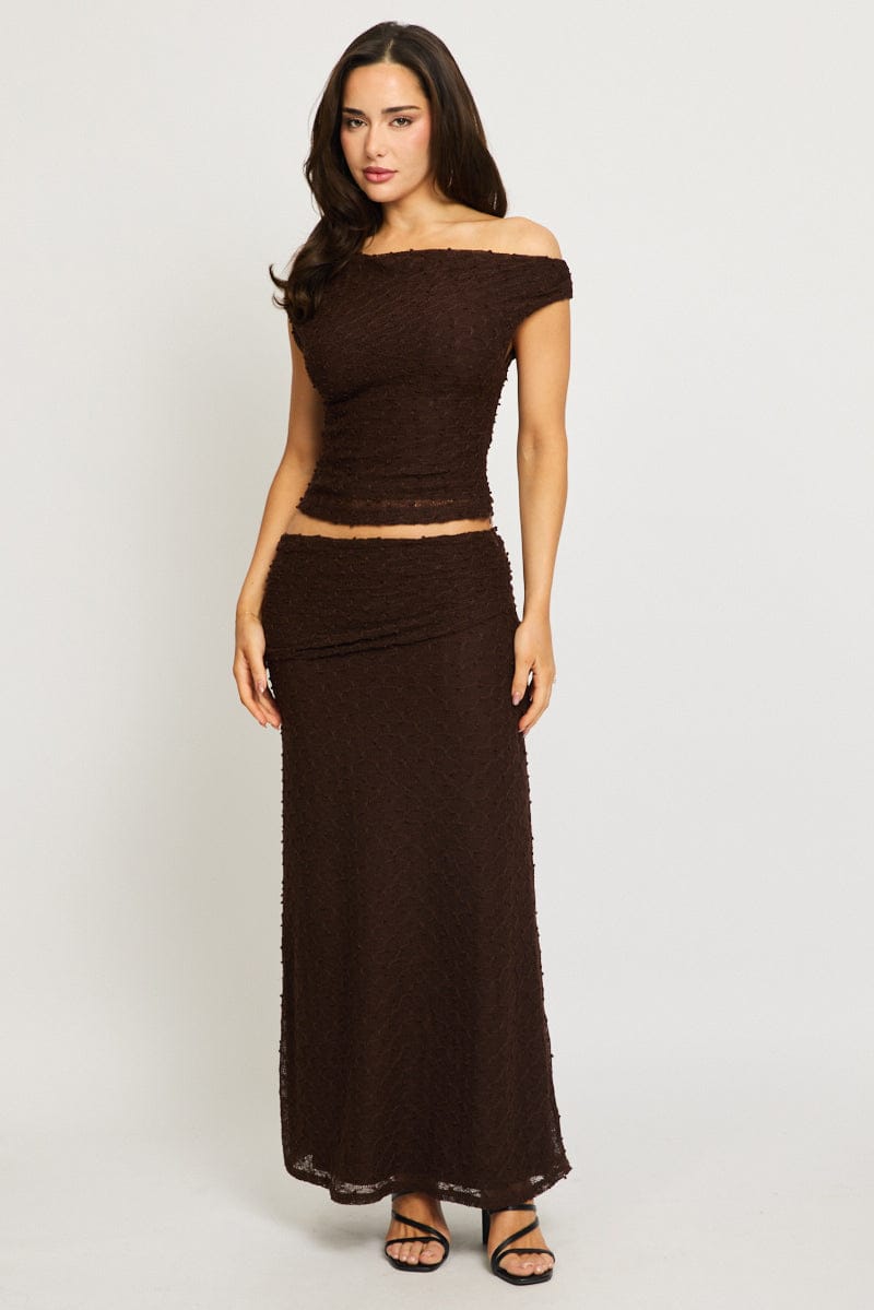 Brown Maxi Skirt Textured Gathered Waist Stretch Lined for Ally Fashion