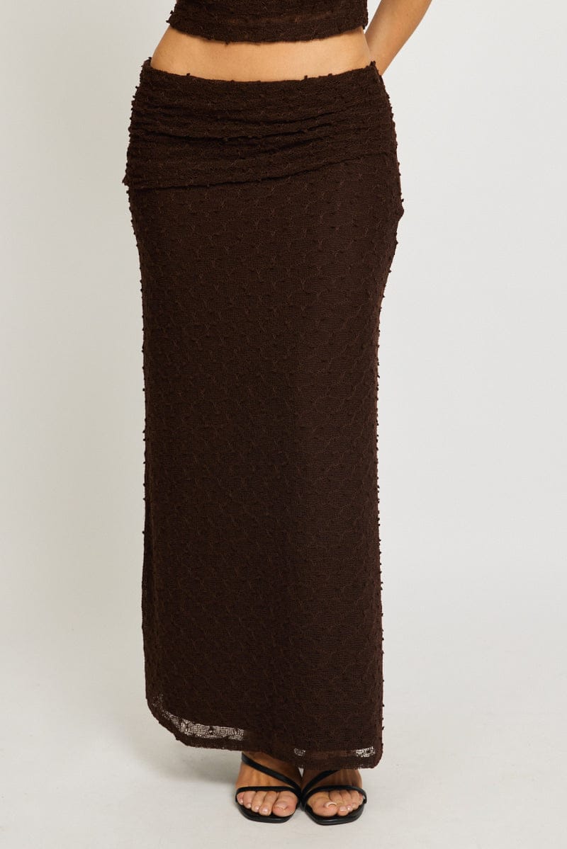 Brown Maxi Skirt Textured Gathered Waist Stretch Lined for Ally Fashion