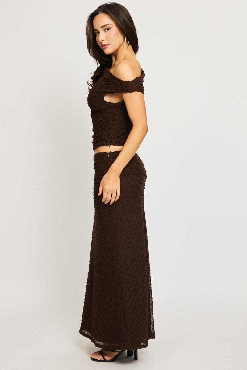 Brown Maxi Skirt Textured Gathered Waist Stretch Lined for Ally Fashion