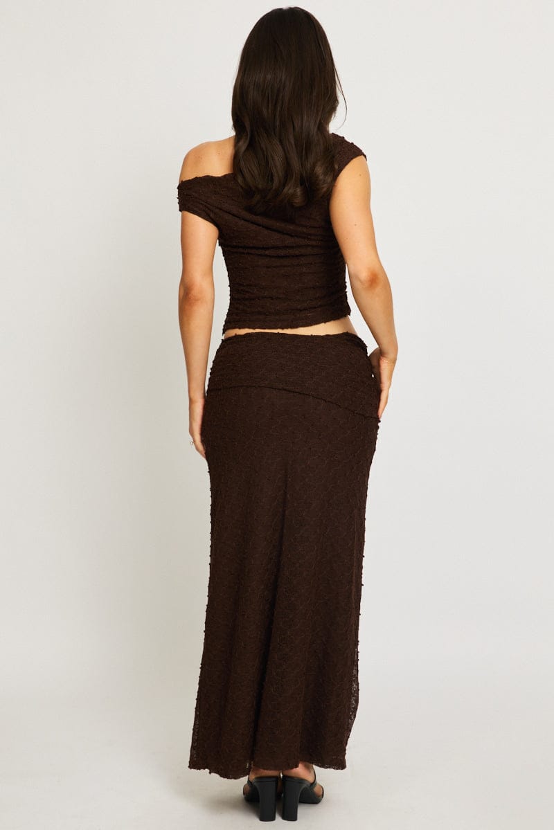 Brown Maxi Skirt Textured Gathered Waist Stretch Lined for Ally Fashion