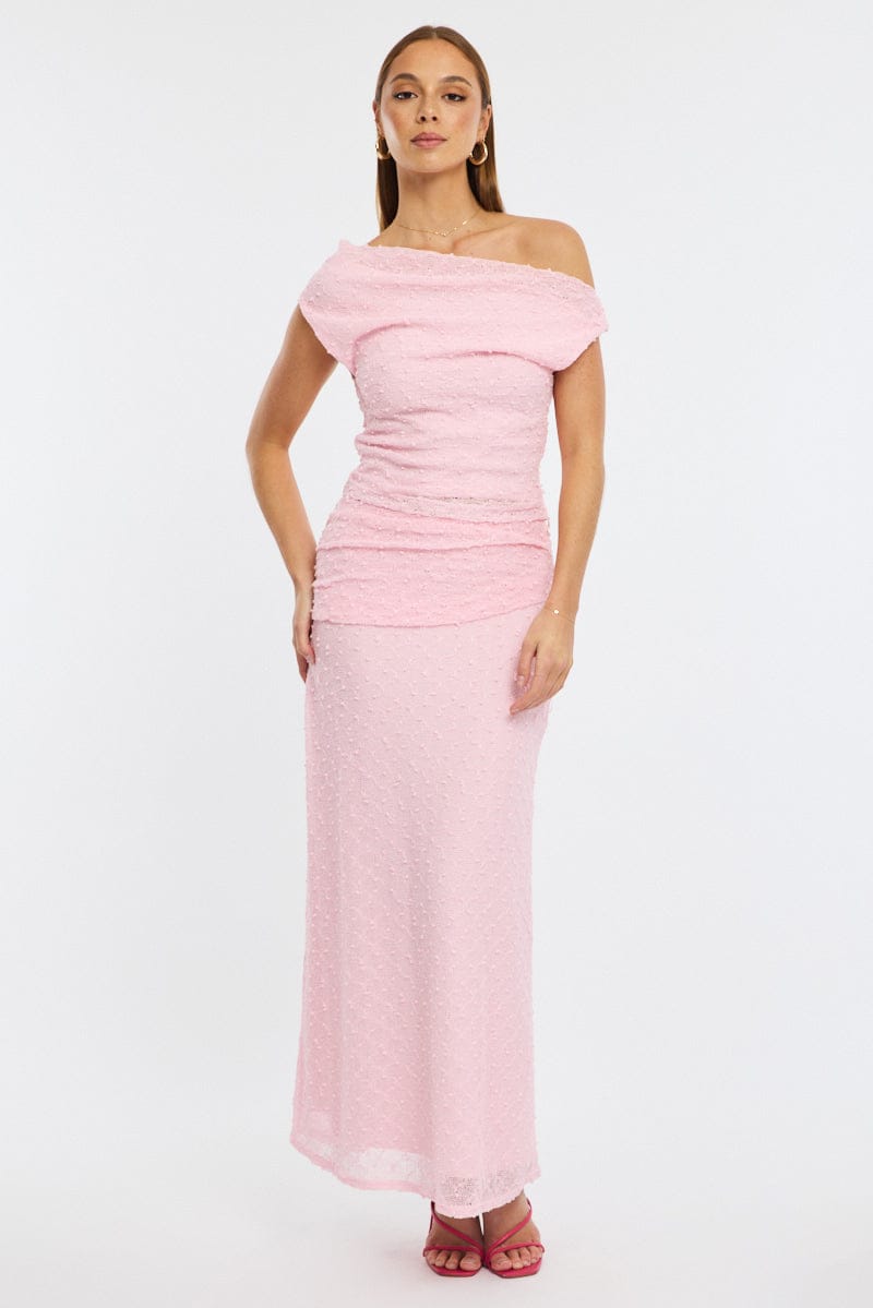 Pink Maxi Skirt Textured Gathered Waist Stretch Lined for Ally Fashion