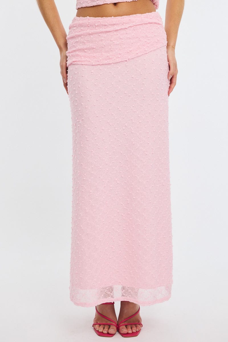 Pink Maxi Skirt Textured Gathered Waist Stretch Lined for Ally Fashion
