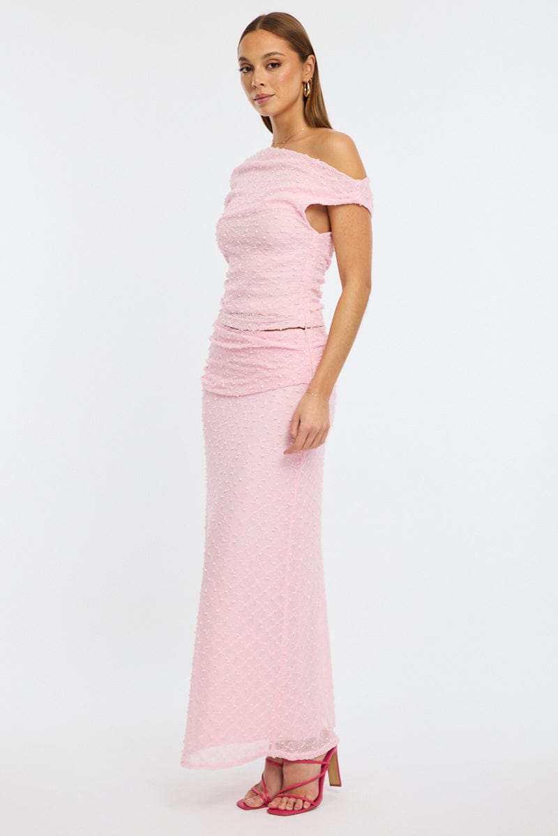 Pink Maxi Skirt Textured Gathered Waist Stretch Lined for Ally Fashion