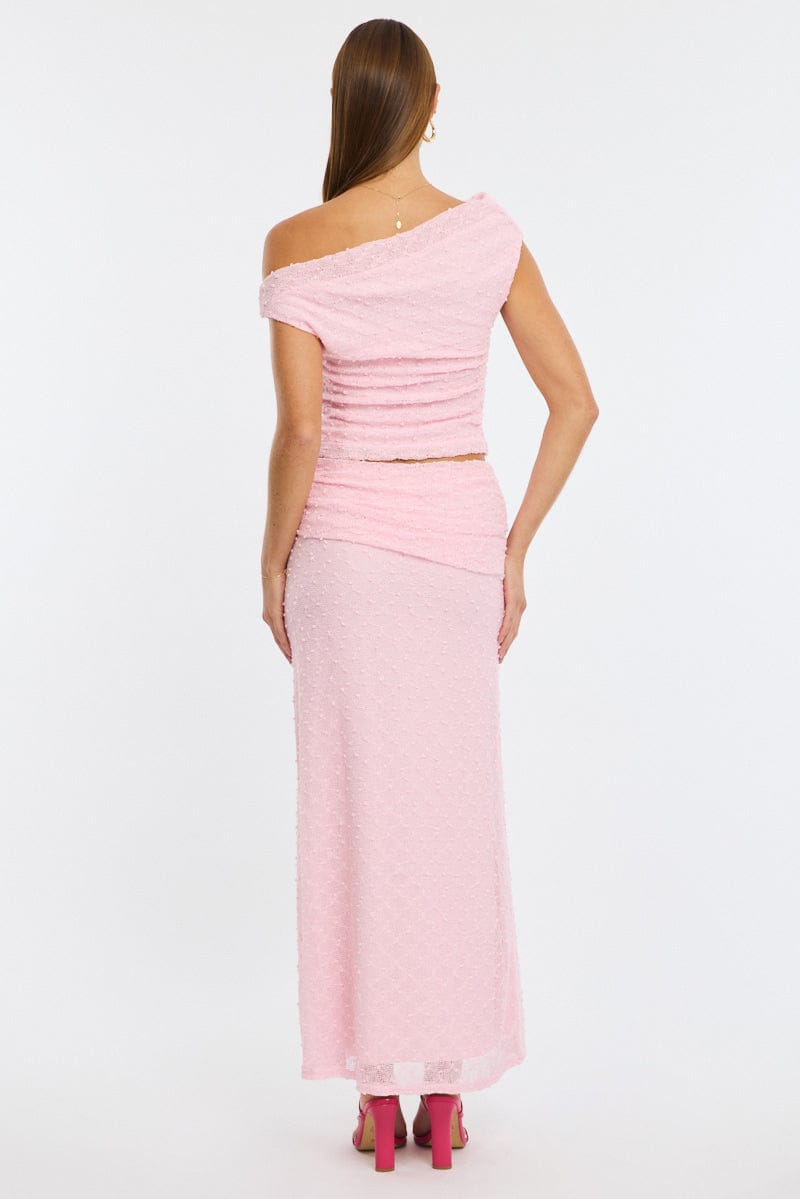 Pink Maxi Skirt Textured Gathered Waist Stretch Lined for Ally Fashion