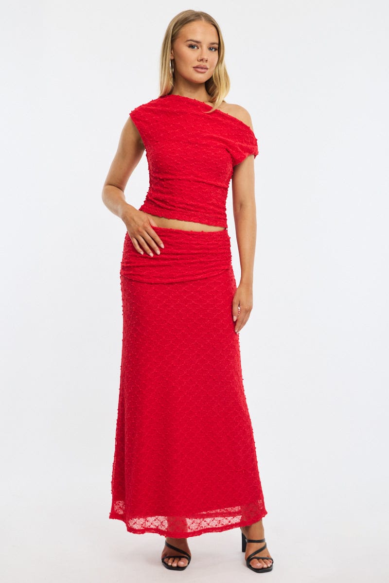 Red Maxi Skirt Textured Gathered Waist Stretch Lined for Ally Fashion