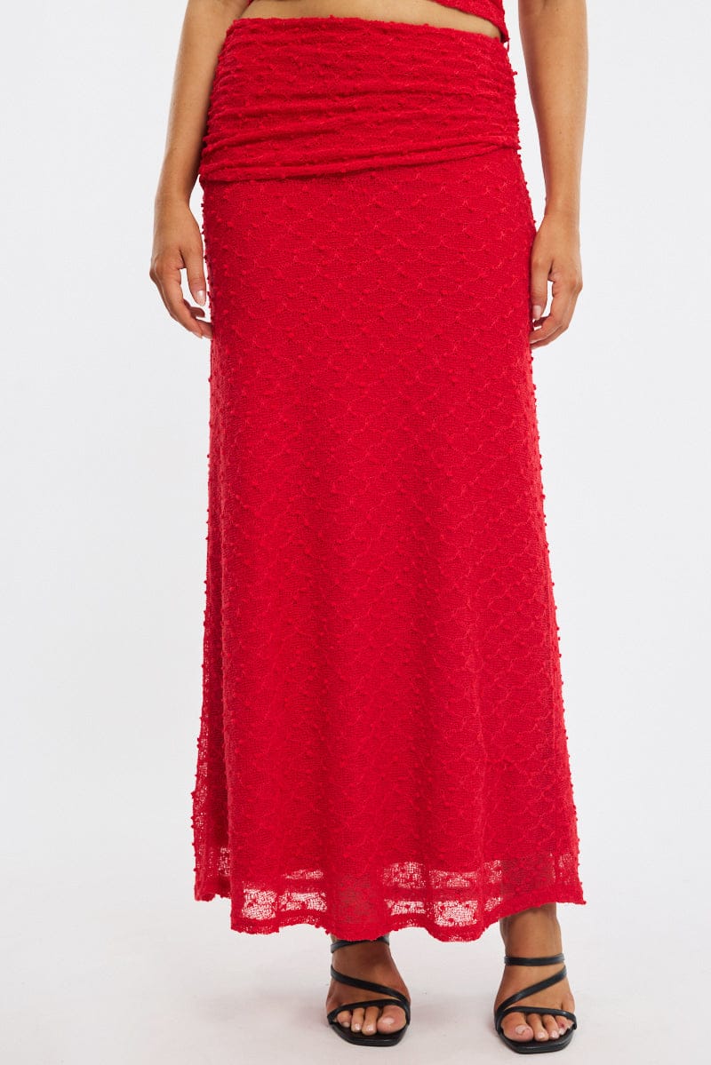 Red Maxi Skirt Textured Gathered Waist Stretch Lined for Ally Fashion
