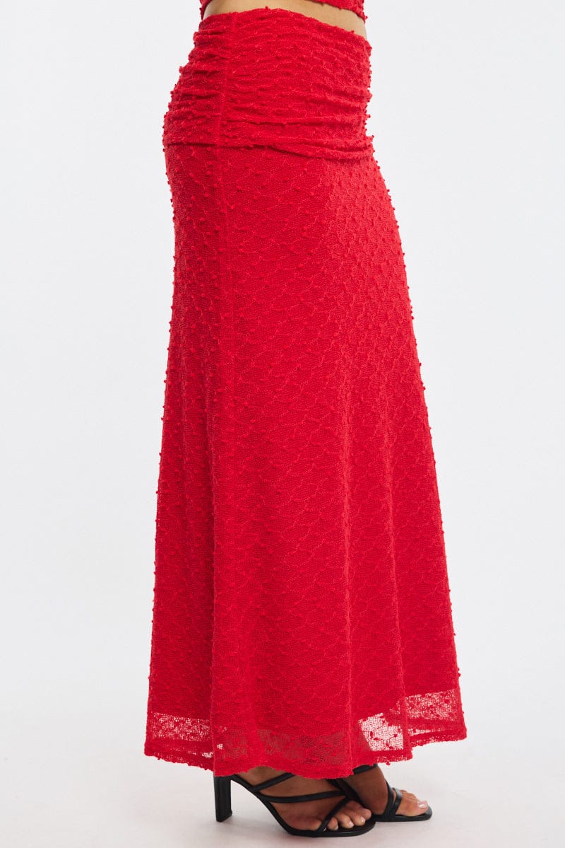 Red Maxi Skirt Textured Gathered Waist Stretch Lined for Ally Fashion