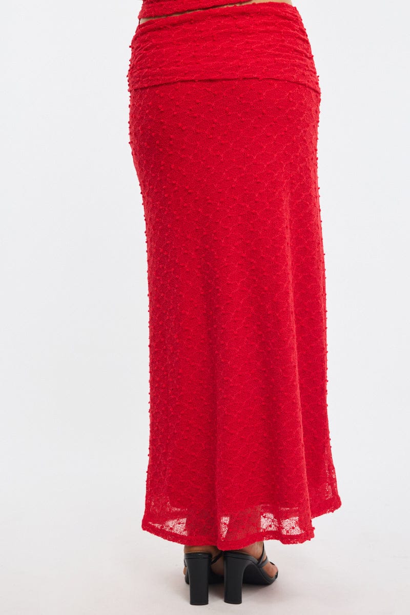 Red Maxi Skirt Textured Gathered Waist Stretch Lined for Ally Fashion