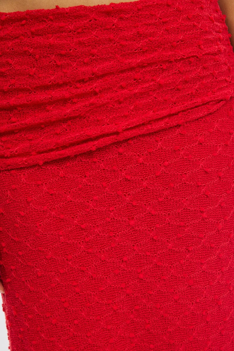 Red Maxi Skirt Textured Gathered Waist Stretch Lined for Ally Fashion