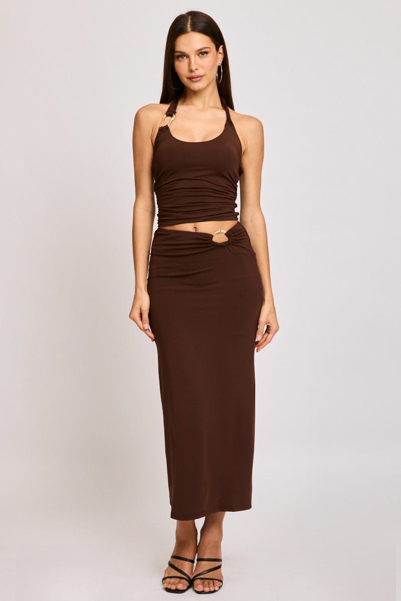Brown Hardware Buckle Maxi Skirt Elastic Waist Lined for Ally Fashion