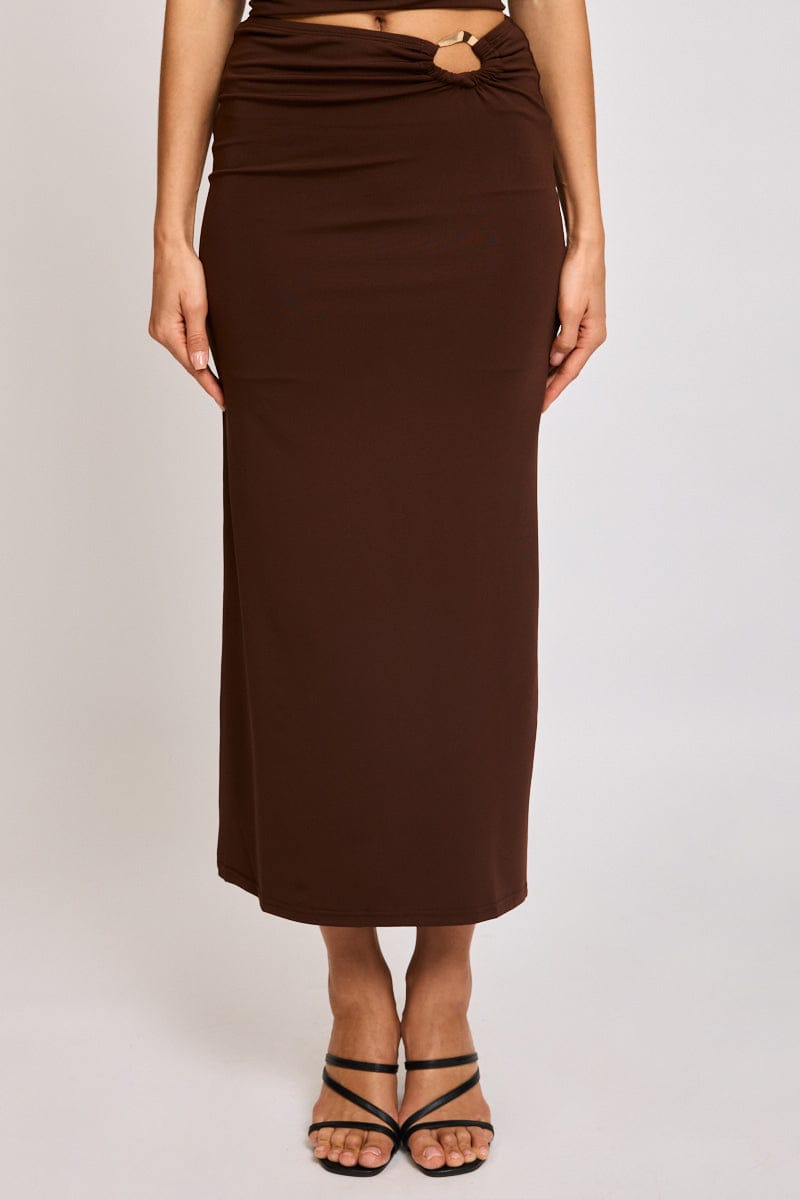 Brown Hardware Buckle Maxi Skirt Elastic Waist Lined for Ally Fashion