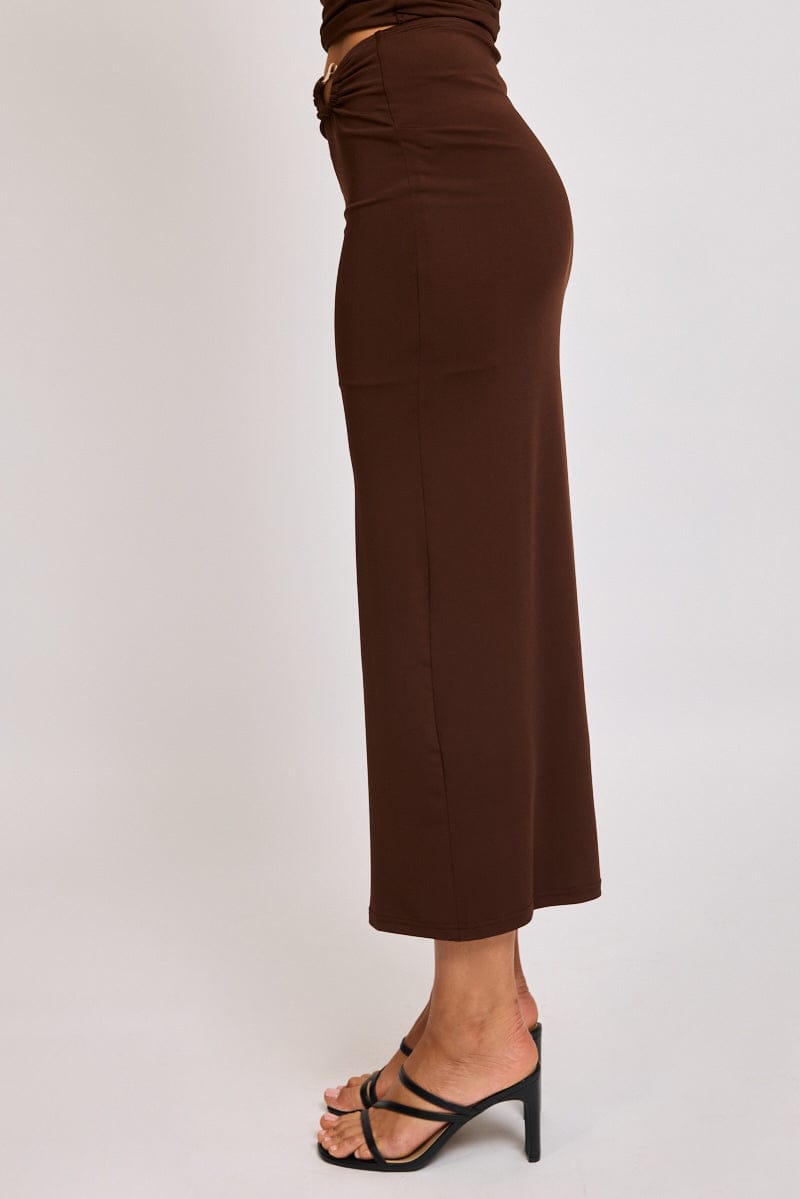 Brown Hardware Buckle Maxi Skirt Elastic Waist Lined for Ally Fashion