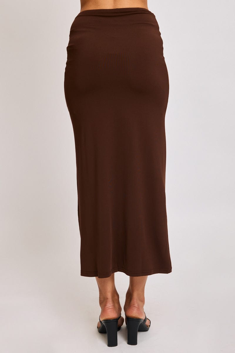Brown Hardware Buckle Maxi Skirt Elastic Waist Lined for Ally Fashion