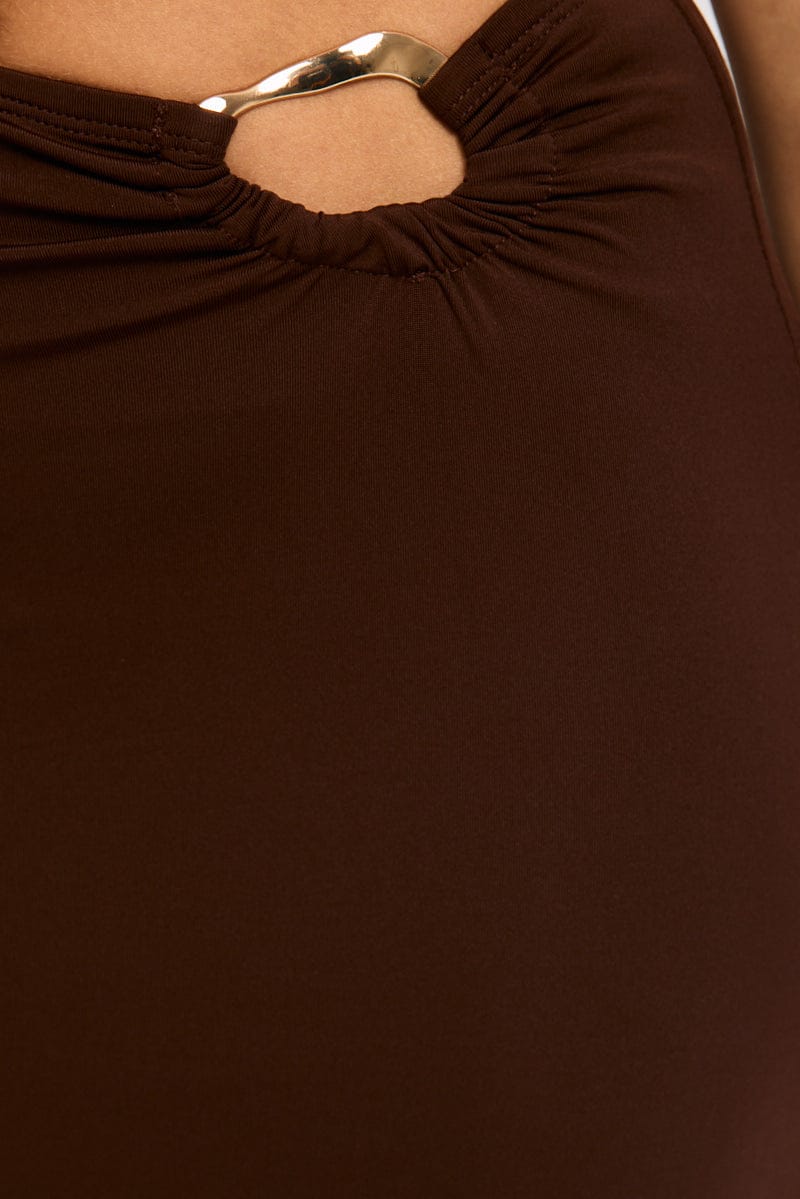 Brown Hardware Buckle Maxi Skirt Elastic Waist Lined for Ally Fashion