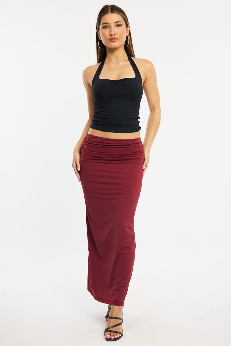 Red Ruched Maxi Skirt Elastic Waist for Ally Fashion