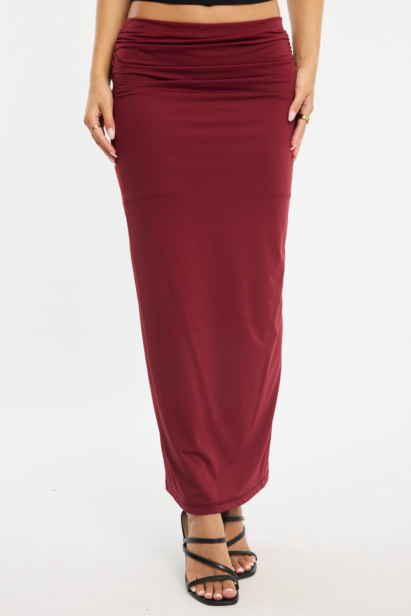 Red Ruched Maxi Skirt Elastic Waist for Ally Fashion