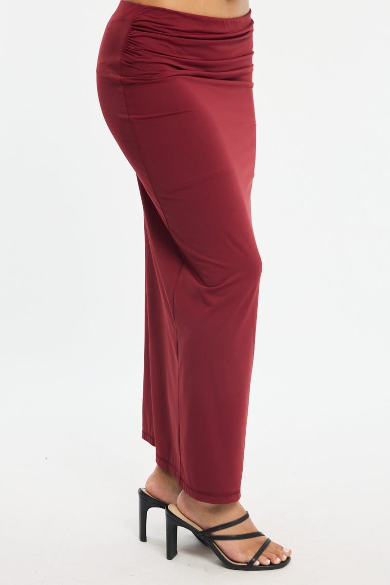 Red Ruched Maxi Skirt Elastic Waist for Ally Fashion