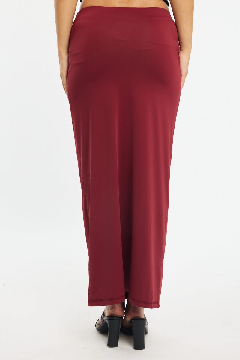 Red Ruched Maxi Skirt Elastic Waist for Ally Fashion