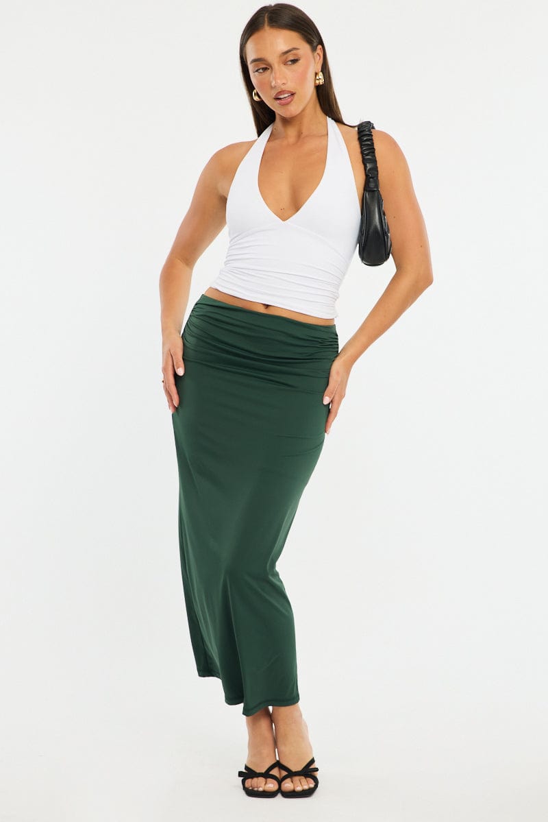 Green Ruched Maxi Skirt Elastic Waist for Ally Fashion